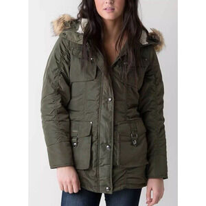 Steve Madden Woman’s Medium Puffer Jacket Faux Fur Hooded Olive Green